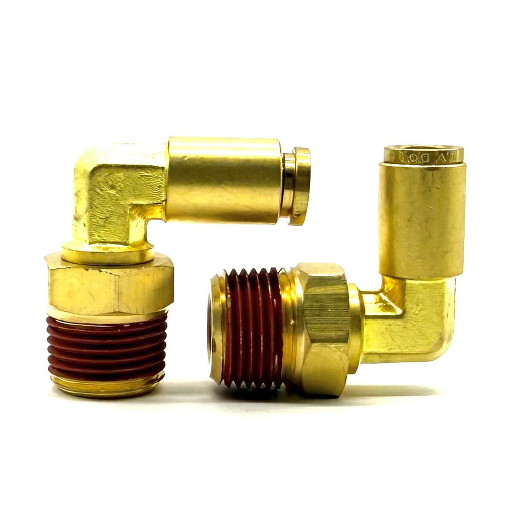 1/4" Tube to 1/8" NPT 90 Degree Elbow Male Pipe Connector, Brass D.O.T. Push to Connect Air Brake Fitting with Red Acrylic Thread Sealant