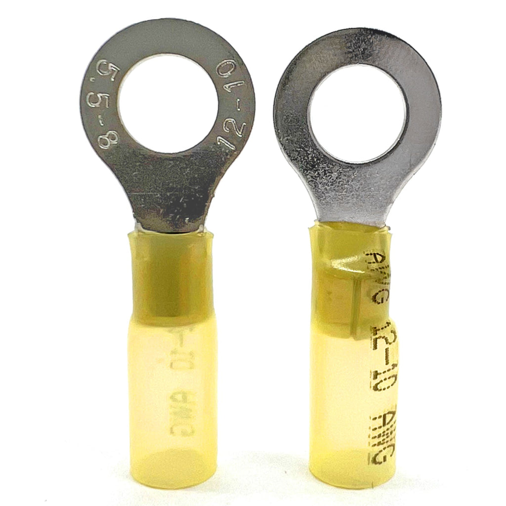 Yellow Heat Shrink Marine Grade 1/4" Diameter Ring Connectors, AWG 12-10