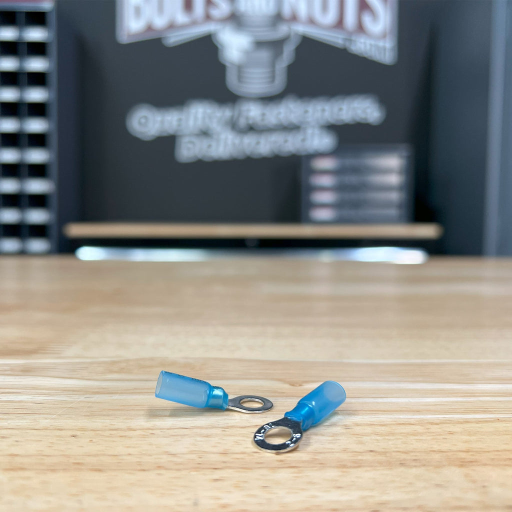 Blue Heat Shrink Marine Grade 1/4" Diameter Ring Connectors, AWG 16-14