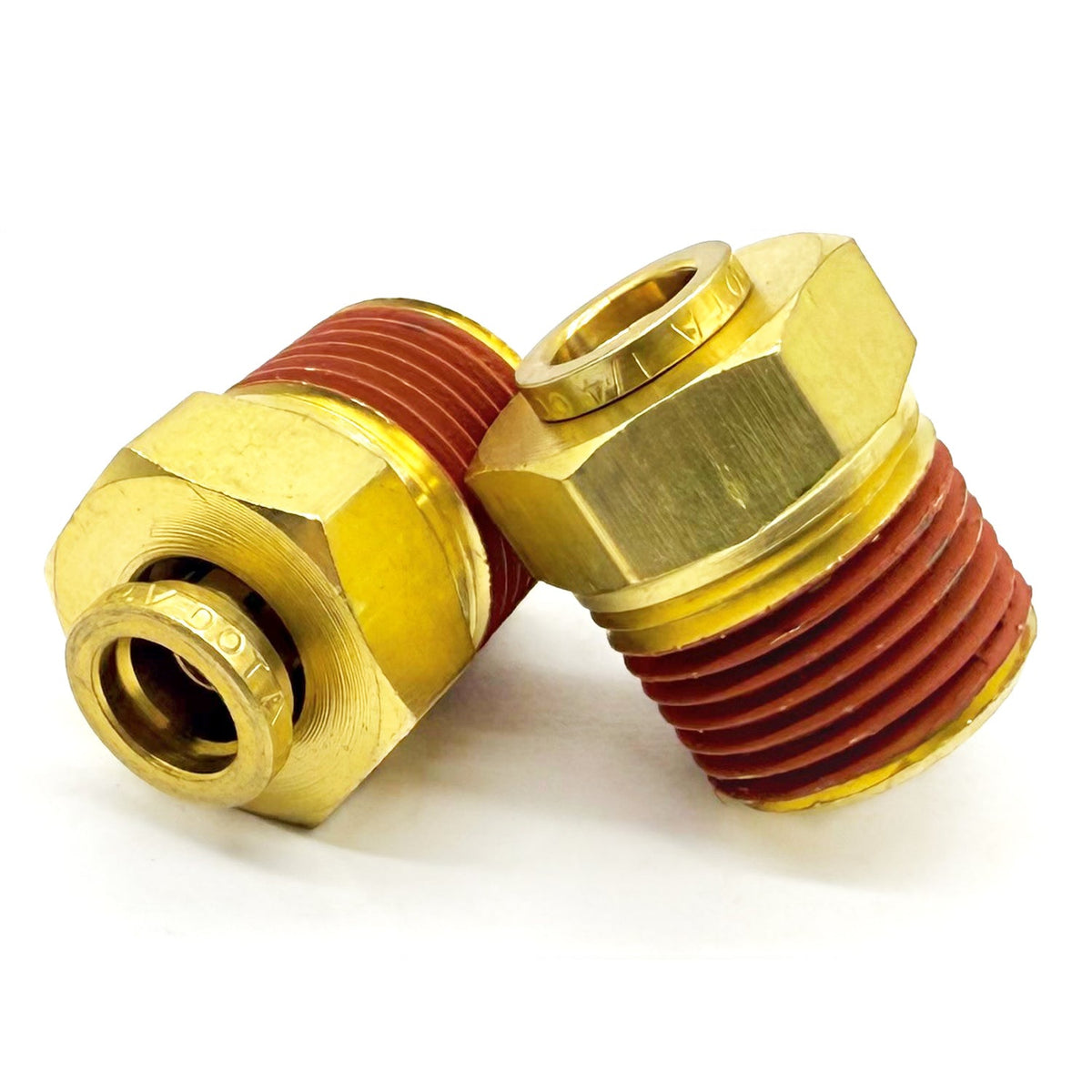3/8" Tube to 3/8" NPT Straight Male Pipe Connector, Brass D.O.T. Push to Connect Air Brake Fitting with Red Acrylic Thread Sealant